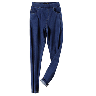 夏季超薄七分牛仔裤女松紧腰高腰深裆大码四面弹力针织柔软仿牛仔