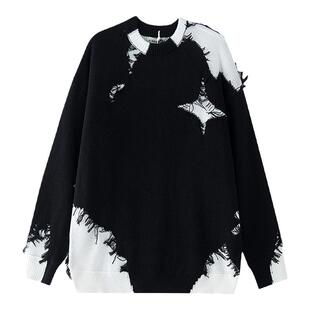 BOYUE帛跃美式高街嘻哈拼接毛边套头毛衣潮牌设计感情侣针织衫男