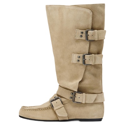 ZA搭扣铆钉饰带圆头不过膝高筒靴