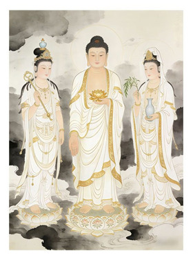 西方三圣卷轴挂画3D防水佛堂