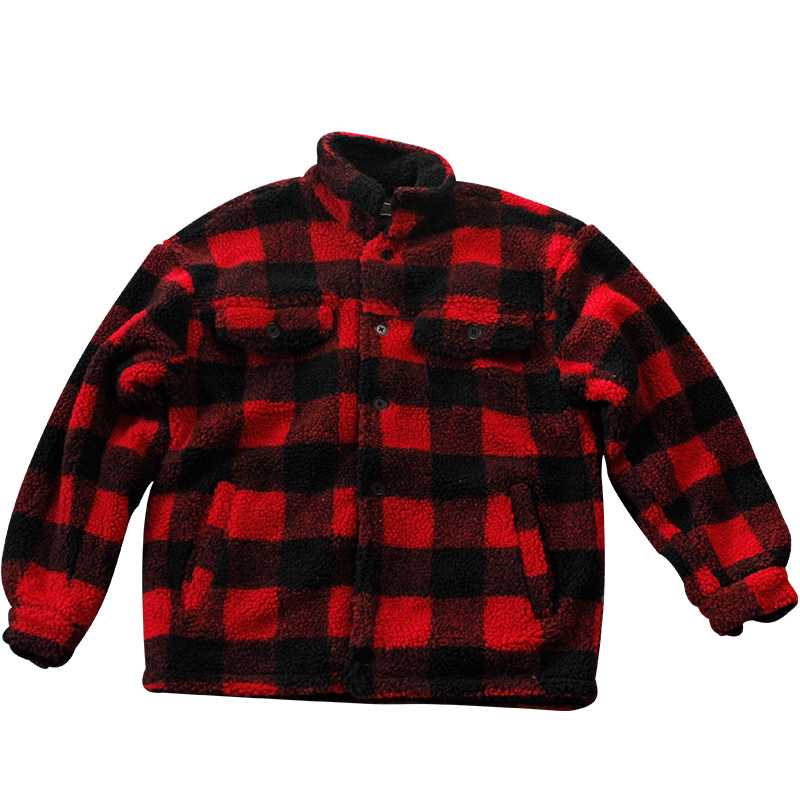 欧美双面摇粒绒加厚格子外套男秋冬款大码复古经典黑红格夹克潮