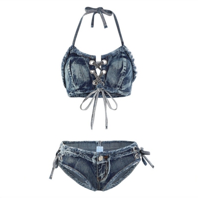 欧美复古性感辣妹三点牛仔比基尼