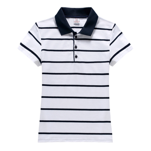 短袖翻领t恤宽松休闲运动条纹上衣夏季带领polo衫女半袖中年女装
