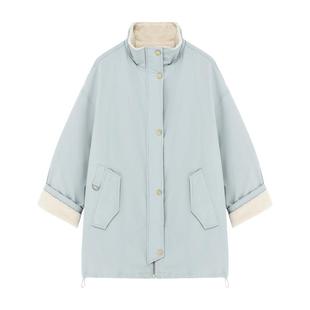 Basic House/百家好工装风派克服女羊羔毛拼接中长款加绒棉衣外套