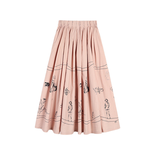 pusumede 趣味涂鸦 白色半身裙女宽松遮胯大裙摆a字伞裙小众裙子