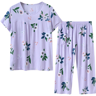 奶奶装夏装纯棉绸妈妈睡衣短袖短裤两件套装中老年人外穿夏天衣服