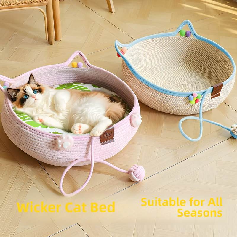 藤编猫窝猫抓板一体四季通用夏季手工编织可水洗耐抓猫咪床幼棉绳