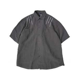 占大帅 夏季美式高端莱赛尔刺绣短袖衬衫男宽松薄款老钱风衬衣潮