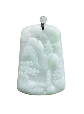 缅甸A货翡翠山水牌吊坠项链挂件男玉石珠宝简约复古风平安牌礼品