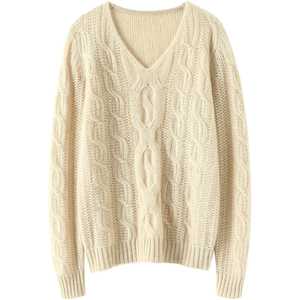 适度精致~V领绞花羊绒衫女针织衫宽松慵懒风纯羊绒毛衣秋冬新款