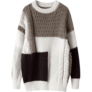 凭实力说话！！拼接撞色纯山羊绒毛衣23年新款女慵懒风针织上衣
