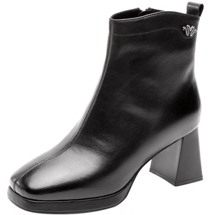 奥康 女鞋2025冬季靴子女士短靴高跟鞋子粗跟加绒皮鞋女门店发货