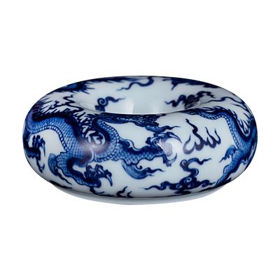 钟家窑陶瓷盖置盖托景德镇柴窑青花手绘龙纹甜甜圈壶盖置茶道配件