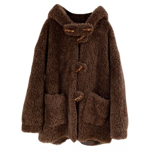 泰迪牛角2025新款羊羔毛皮毛一体减龄连帽中长款皮草女冬毛毛外套