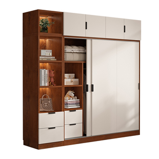 实木推拉门衣柜卧室家用中古风儿童收纳柜子出租房用新款定制衣橱