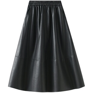 1839 软皮不开裂口袋PU皮裙半身裙春秋中长款伞裙a字裙棕色复古