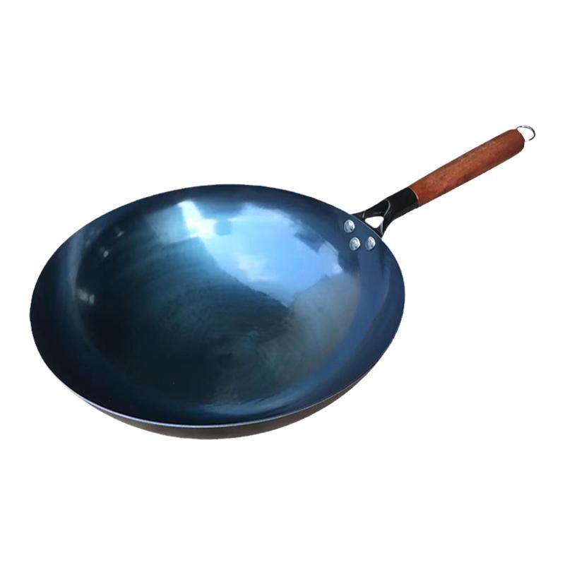 木柄镜面铁锅圆底传统老式炒菜锅
