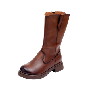 加绒马丁靴女2025秋冬新款手工鞋真皮中筒靴子宽头显瘦厚底骑士靴