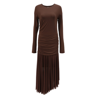 NON RESTRAIN莱赛尔天丝修身羊毛长袖连衣裙女高级感网纱百褶长裙