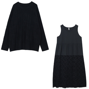 韩系慵懒遮肉麻花毛衣胖莹莹大码女装春季拼接蕾丝背心连衣裙套装