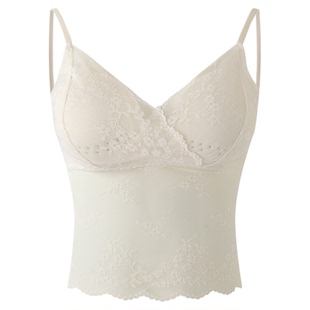 BM蕾丝打底叠穿吊带 纯欲温柔风V领米白色带胸垫透视修身百搭背心
