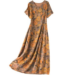 新款夏季高端棉绸连衣裙女中老年宽松时尚显瘦人造棉外穿绵绸裙子