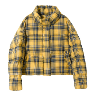 时尚格子立领短款羽绒服女2025冬季新款宽松加厚面包服白鸭绒外套