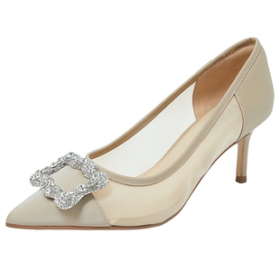 康莉商场同款水钻方扣高跟鞋女2025春季新款气质网纱尖头细跟婚鞋