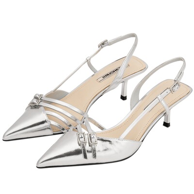 73hours银色后空凉鞋尖头高跟鞋