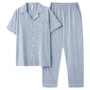 芬腾可安男士睡衣男款夏季纯棉2026新款短袖长裤夏款蓝色套装夏天