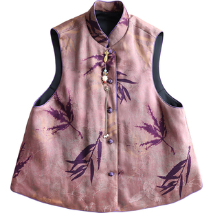 云澍花罗红云纱新中式复古文艺国风立领加棉真丝马甲棉服上衣女冬