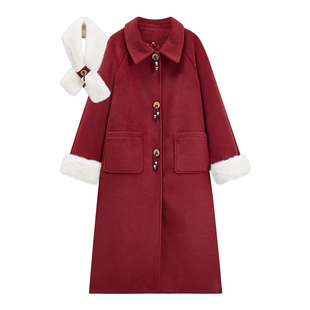 IEF/爱依服巨好看的毛呢大衣女2025冬季新款漂亮保暖红色长款外套