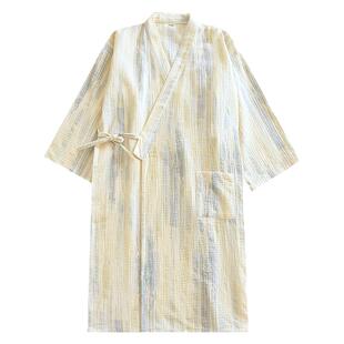 睡袍女夏薄款纯棉双层纱布全棉绉布清新休闲中长款和服式系带浴袍