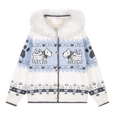 NTBF美式复古毛领连帽针织开衫秋冬新款弗尔岛小狗提花保暖款毛衣