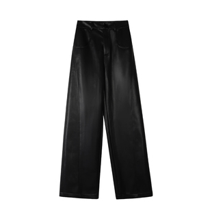 辰米范 高腰垂感PU皮裤女春秋新款黑色宽松直筒拖地裤显瘦阔腿裤
