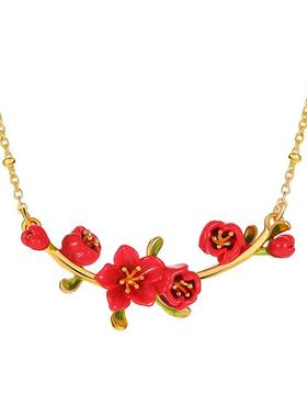 设计师款红色海棠花珐琅项链女
