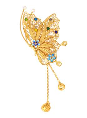 非遗花丝鎏金镂空蝴蝶流苏银胸针