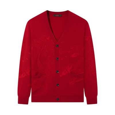 柒牌本命年红色绵羊毛针织开衫