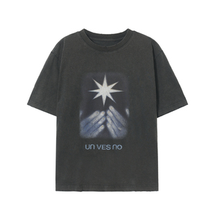 Unvesno(UN)复古炒雪花磨破工艺手捧星印花情侣款宽松T恤