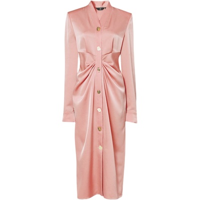 2025秋季新款时尚气质纽扣装饰腰部捏褶收腰修身中长缎面连衣裙