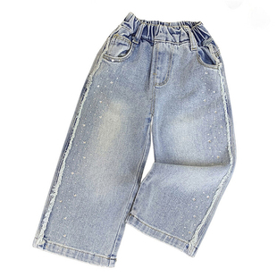 女童牛仔裤春季阔腿裤小童洋气时髦精致烫钻亮闪长裤子时尚直筒裤