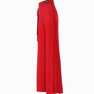 交谊舞裤子女士高腰阔腿开衩麻纱舞蹈裤广场舞吉特巴直筒摩登舞裤