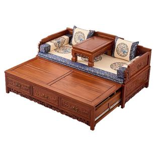 新中式推拉罗汉床实木榆木多功能伸缩两用沙发床小户型抽拉罗汉榻