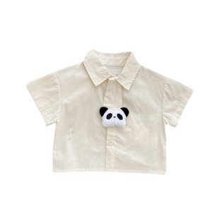 清仓男童夏季衬衫套装婴儿短袖上衣短裤女宝宝卡通熊猫领带衬衣服