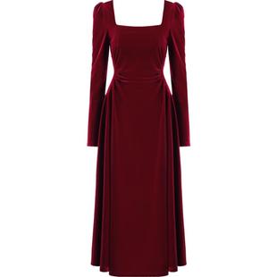 DPLAY2025年秋季新款酒红色连衣裙丝绒连衣裙订婚服回门服敬酒服