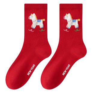 卡拉美拉秋冬新款红色中筒袜女新年袜本命年卡通马年红袜礼盒袜子