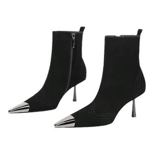 高级感金属鞋头细跟短靴女2025年冬季新款尖头高跟弹力瘦瘦靴加绒