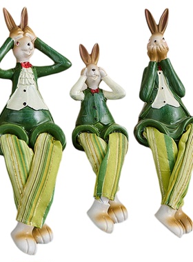 不听不看不说萌兔吊脚娃娃摆件