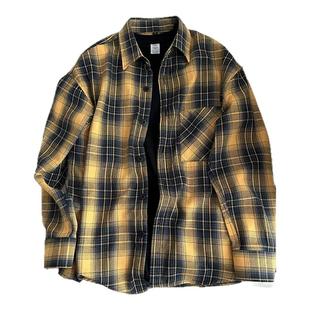 黄黑格子衬衫男款美式高级感磨毛长袖衬衣日系复古慵懒学院风外套