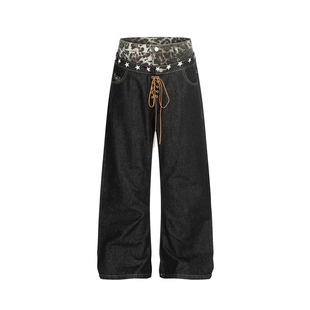 DARKAGE原创豹纹小众双腰原牛弯刀牛仔裤叠堆设计感宽松阔腿长裤